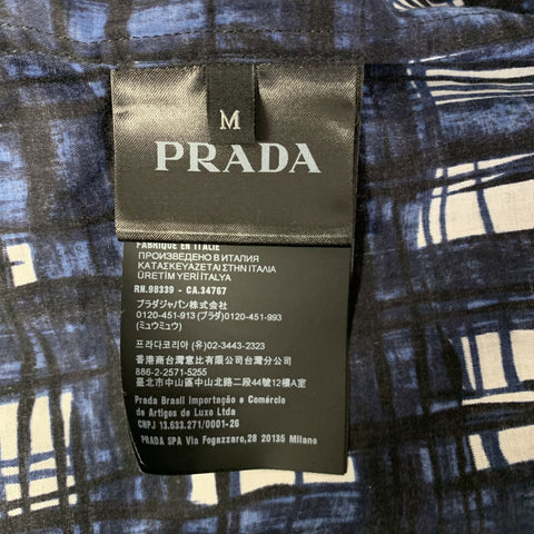 PRADA Size M Navy White & Black Tartan Cotton Cropped Short Sleeve Shirt