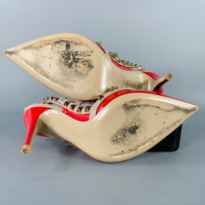 VALENTINO Size 4 Rockstud Red Nude Gold Studded T- Strap Pumps