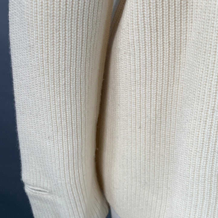 AKRIS Size 14 Off White Cashmere Rib Knit Zippers Crew Neck Sweater