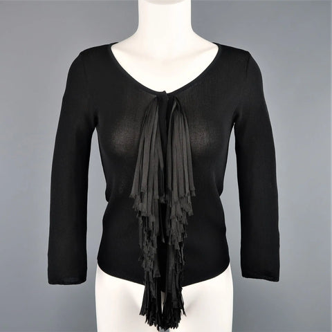 GIAMBATTISTA VALLI Size S Black Scoop Neck Ribbon Fringe Snap Cardigan GIAMBATTISTA VALLI