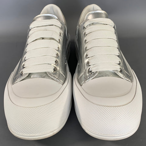 ALEXANDER MCQUEEN Size 9 Silver White Metallic Leather Lace Sneakers