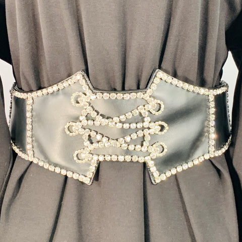 AREA Size M Black Silver Crystal Studded Belted Mini Dress