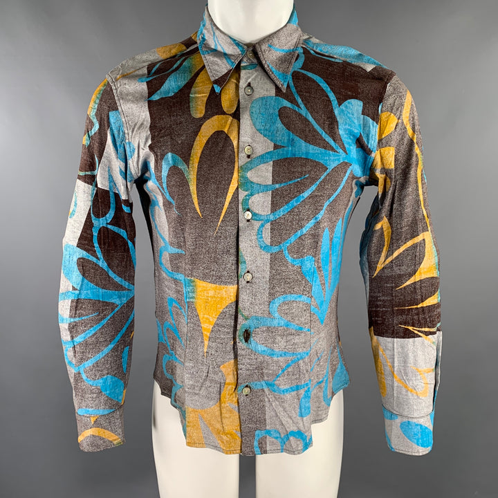 CUSTO BARCELONA Size XS Brown Blue/Silver Abstract Floral Long Sleeve Shirt