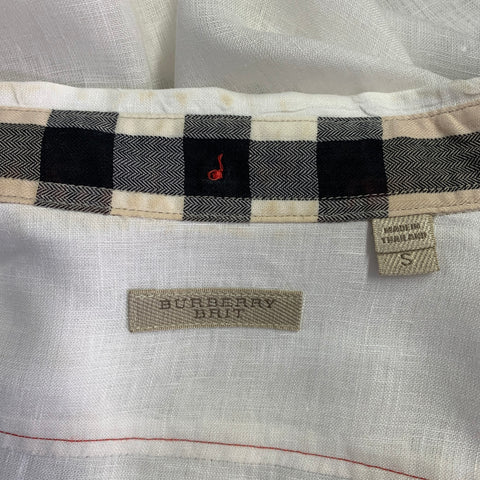 BURBERRY BRIT Size S White Taupe Contrast Stitch Button Down Collar Linen Long Sleeve Shirt