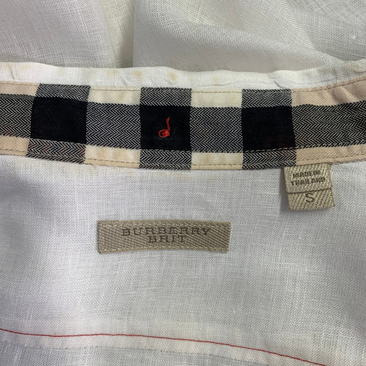 BURBERRY BRIT Size S White Taupe Contrast Stitch Button Down Collar Linen Long Sleeve Shirt