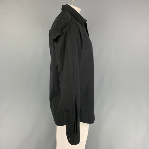 BARENA Taille XL Chemise noire en coton à manches longues et boutons cachés