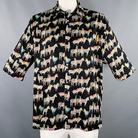VERSACE JEANS COUTURE Size L Black Multi Color Zebra Oversized Short Sleeve Shirt