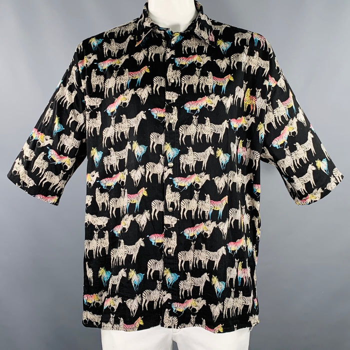 VERSACE JEANS COUTURE Size L Black Multi Color Zebra Oversized Short Sleeve Shirt