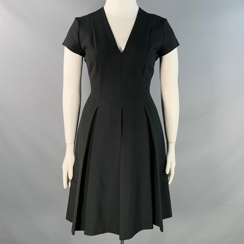 EMPORIO ARMANI Size 12 Black Polyester Blend Pleated Short Sleeve V-Ne