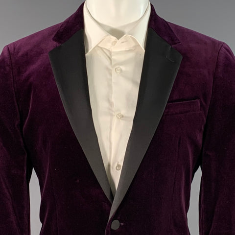 THEORY Size 40 Purple Black Velvet Satin Single Button Tuxedo Sport Coat