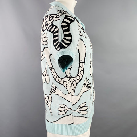 CURUBA Size XL Blue Black White Graphic Acrylic Open Collar Polo
