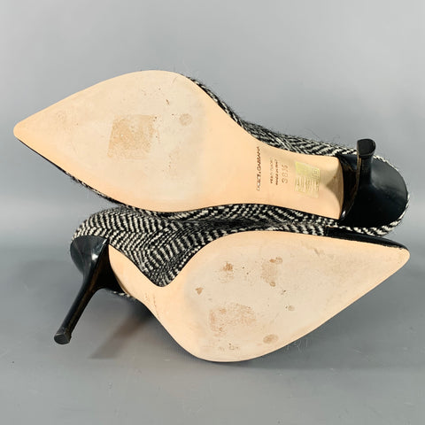 DOLCE & GABBANA Size 8.5 Black White Wool Herringbone Leather Trim Heels Pumps