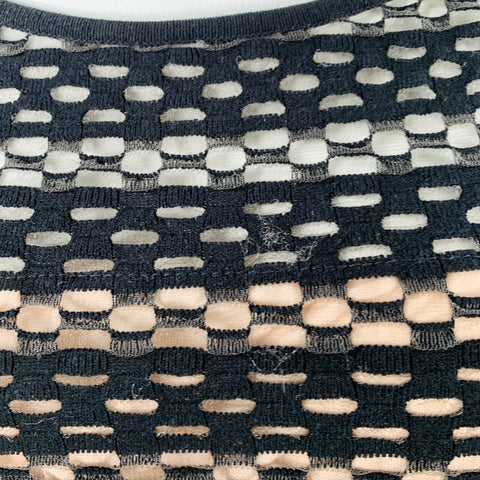ESCADA Taille L Noir Nude Mélange Viscose Rayures Texturées Manches 3/4 Col Rond Top Décontracté