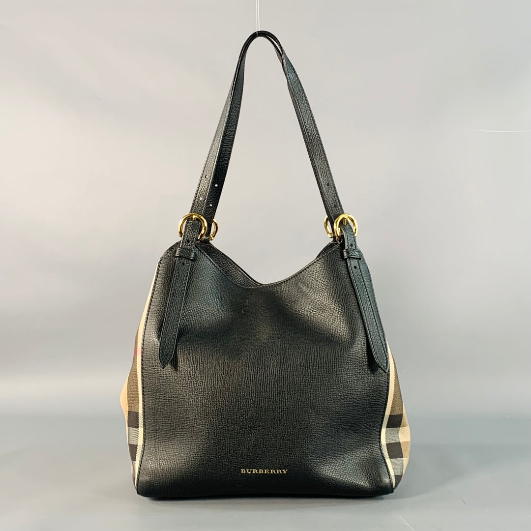 BURBERRY Small Canter Black Beige Plaid Pebble Grain Leather Canvas Handbag
