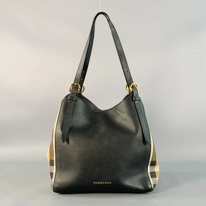 BURBERRY Small Canter Black Beige Plaid Pebble Grain Leather Canvas Handbag