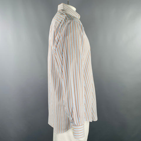 THOMAS DEAN Size L White Blue Brown Stripe Cotton Oversized Long Sleeve Shirt
