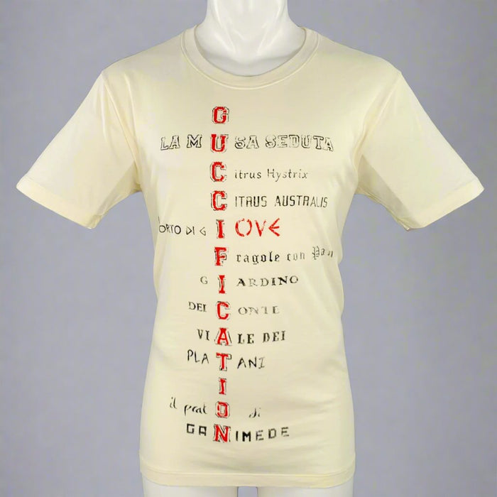 GUCCI Size S Cream Red Black Print Short Sleeve T-shirt