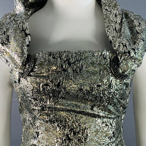 VICTOR COSTA Vintage Size M Silver Black Gold Rayon Blend Marbled Evening Gown