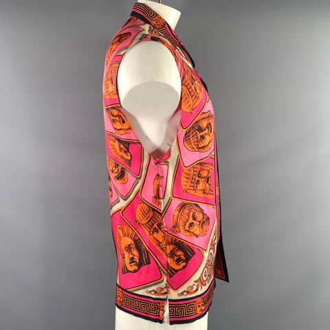 VERSACE SS2023 Size L Pink Orange Heads Silk Sleeveless Short Sleeve Shirt