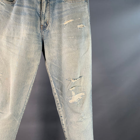 SAINT LAURENT Size 31 Blue Distressed Cotton Tapered Zip Fly Jeans