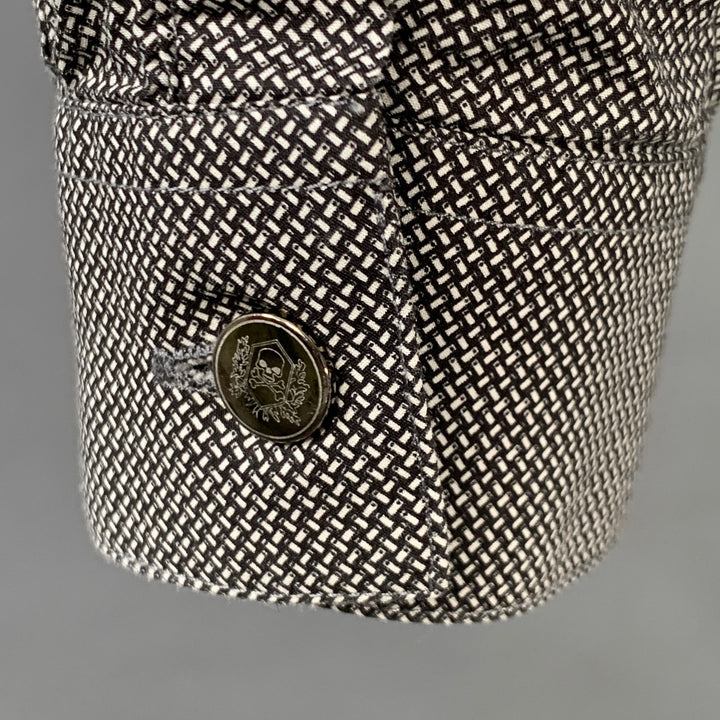 THE KOOPLES Size L Black White Cotton Basketweave Skull Hidden Buttons Fitted Long Sleeve Shirt