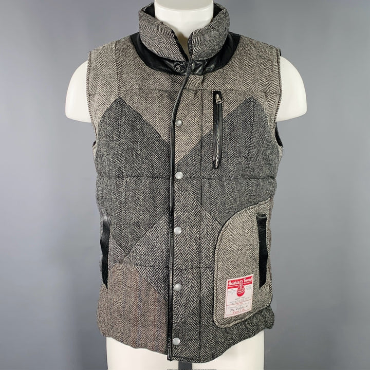 HARRIS TWEED Size M Grey Black Patchwork Herringbone Wool Zip Up Vest