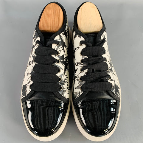 LANVIN Size 9 Black White Leather Graffiti Cap Toe Sneakers