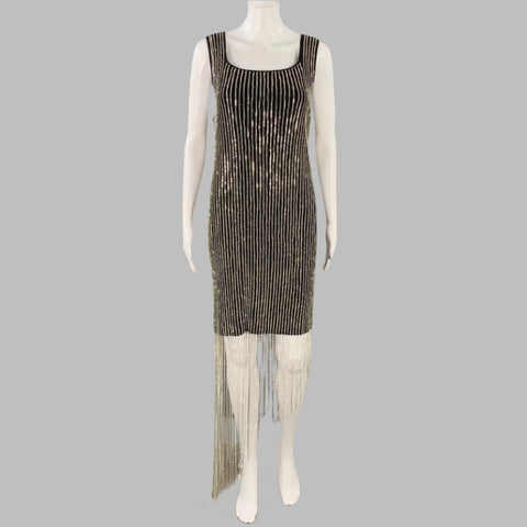 FANG Size M Asymmetrical Rhinestone Black Silver Cotton Blend Sleeveless Square Neck Cocktail Dress