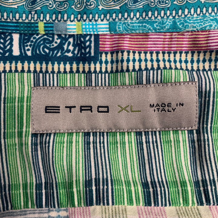 ETRO Size L Green Multi Color Print Cotton Button Up Short Sleeve Shirt