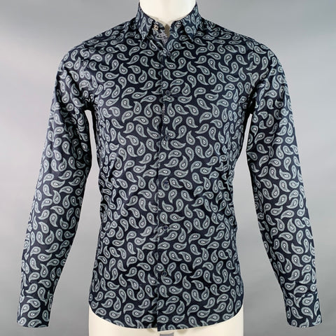 TED BAKER Size XS Lapins Navy Blue Paisley Cotton Spread Collar Long Sleeve Shirt