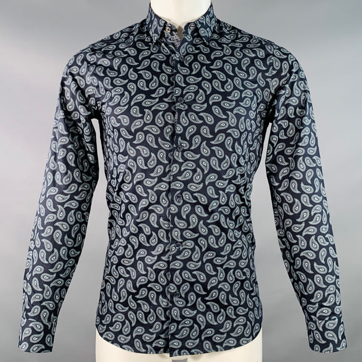 TED BAKER Size XS Lapins Navy Blue Paisley Cotton Spread Collar Long Sleeve Shirt