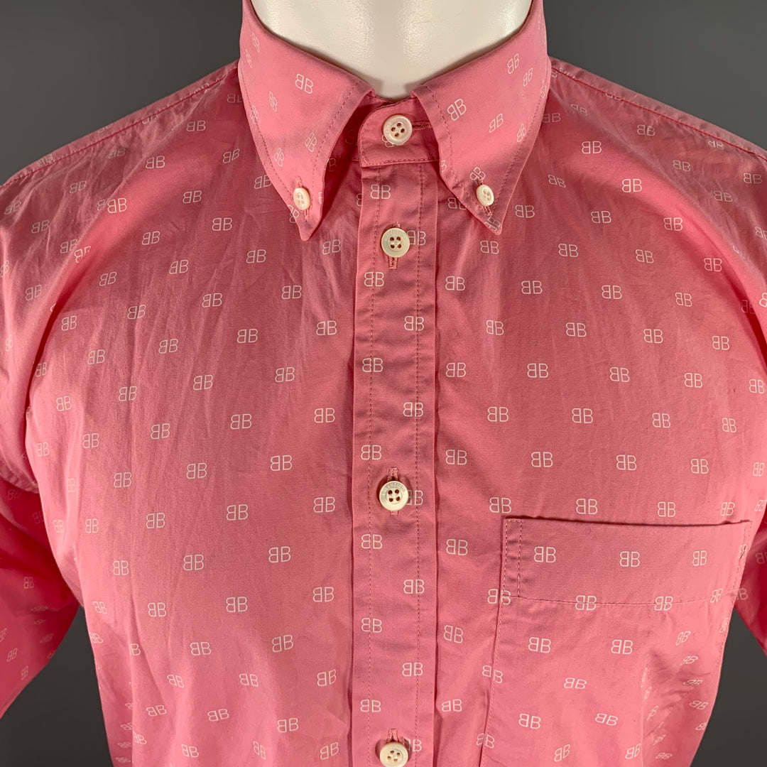 BALENCIAGA Size XS Pink White Monogram Cotton Button Down Short Sleeve Shirt