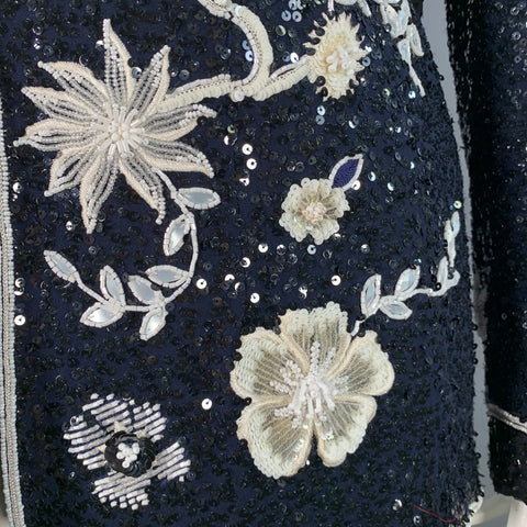 ESCADA Taille L Veste Blazer Fleurie Pailletée Perlé Bleu Marine Noir Blanc