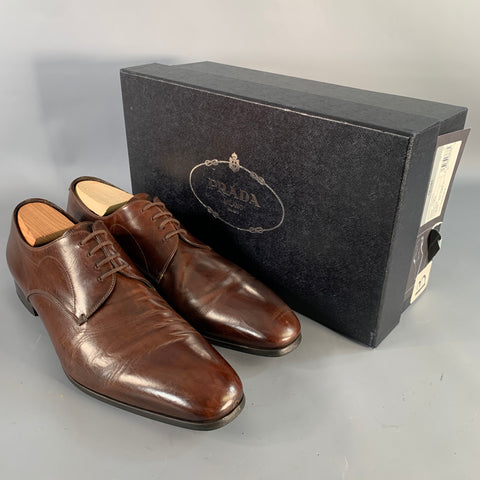 PRADA Size 10 Brown Leather Derby Lace-Up Shoes