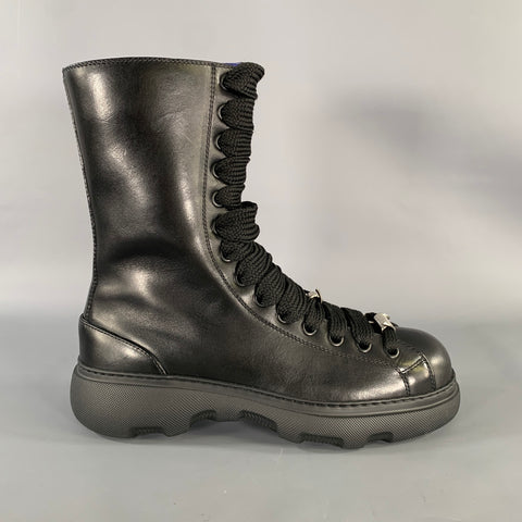 BURBERRY Size 10 Black Leather Lace Up Boots