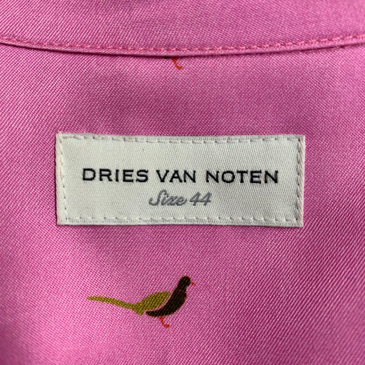 DRIES VAN NOTEN Size S Pink Green Black Birds Short Sleeve Shirt