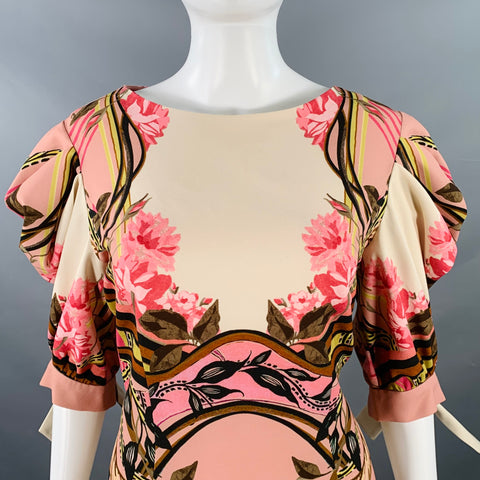 ALBERTA FERRETTI Size 8 Pink Multi Color Polyester Blend Puffy Sleeve Floral Dress