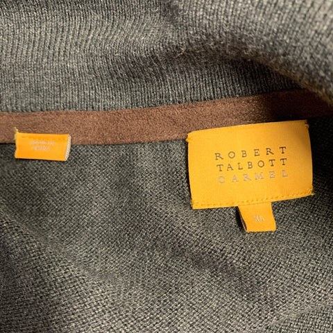 ROBERT TALBOTT Cardigan en coton et cachemire, taille XL, gris marron, bordure contrastée