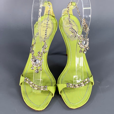 RENE CAOVILLA Size 6.5 Green Chartreuse Silk Rhinestones Strappy Sandals