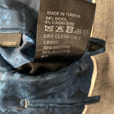 DUCHAMP Chest Size 40 Grey Blue & White Window Pane Wool Cashmere Sport Coat