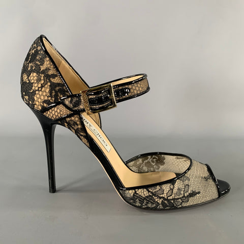 JIMMY CHOO Size 9 Black Cream Lace 144Lace Stiletto Pumps