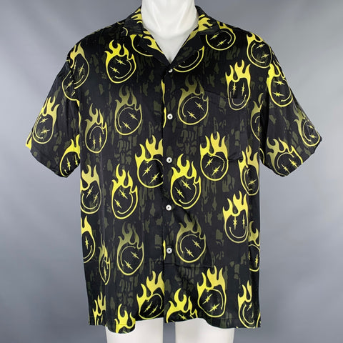 Chemise à manches courtes PHIPPS de taille S en viscose noire et jaune à motif de bowling