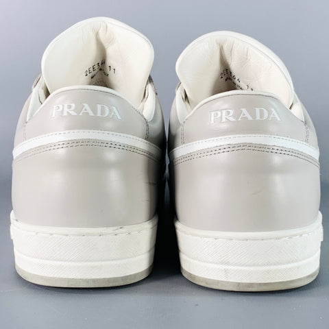 PRADA Size 11 White Grey Color Block Perforated Leather Logo Low Top Sneakers