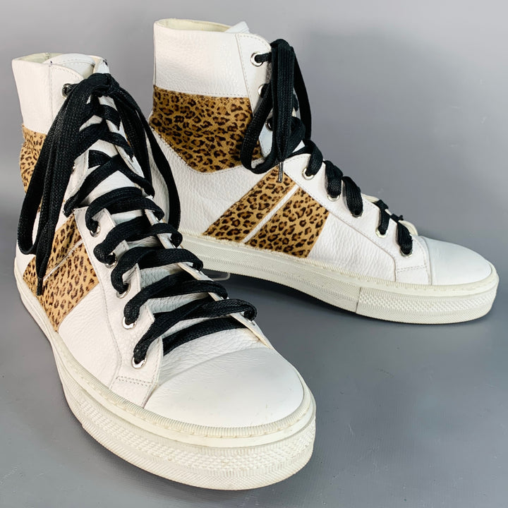 AMIRI Size 11 White Brown Animal Print Faux Fur Leather High Top Sneakers
