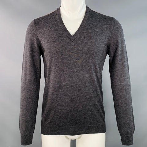 GUCCI Size M Charcoal Grey Red Green Contrast Trim Wool V-Neck Pullover