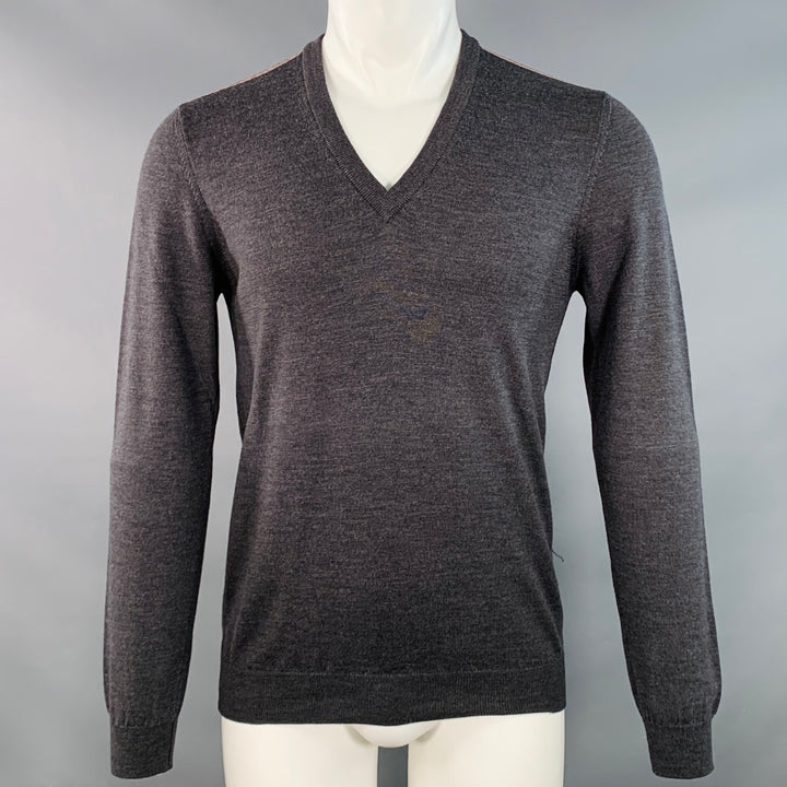 GUCCI Size M Charcoal Grey Red Green Contrast Trim Wool V-Neck Pullover