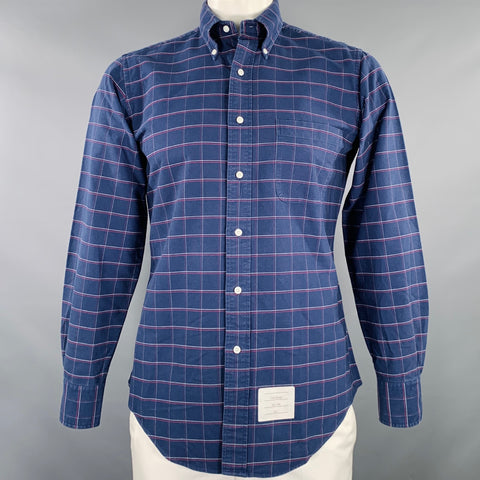THOM BROWNE Size L Navy Red White Window Pane Cotton Long Sleeve Shirt