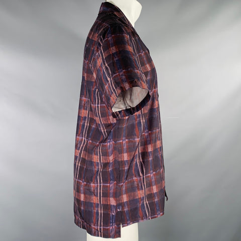 THEORY Size M Navy Brown Plaid Silk Blend Short Sleeve Shirt