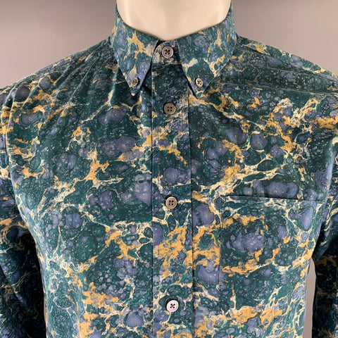 ACNE STUDIOS Size M Blue Teal Marbled Cotton Button Down Long Sleeve Shirt
