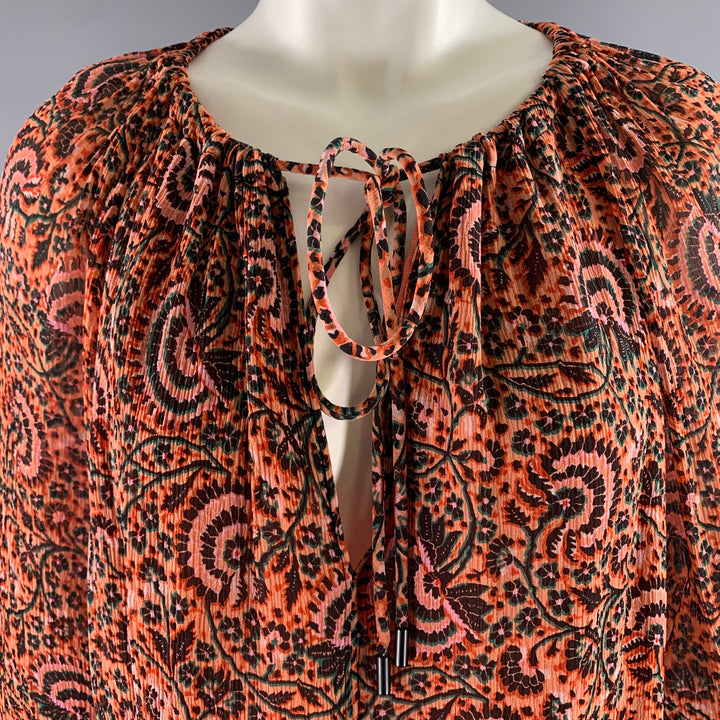 A.L.C. Size 8 Orange Pink Silk Floral Neck Tie Top